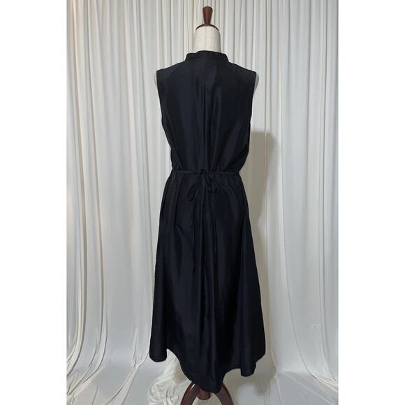 Vince 100% Silk Black V Neck Cut Out Collar Tie Waist Midi Dress Sz S Minimalist - Picture 3 of 8